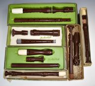 Six various 'Dolmetsch' recorders including descant, treble and tenor examples
