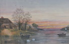 Barry J Richard, pastel lake scene 'End of the Day', signed lower right and with label verso, 24 x