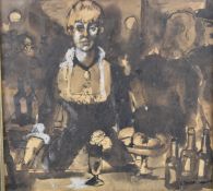 Ken Leech (1915-1990) pen, ink and gouache, barmaid serving drinks in a busy bar, based on A Bar