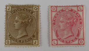 1873-80 QV SP 3d rose SG144 pl 20 cut wing margin fresh and 1880-83 QV SP 4d grey-brown SG160 pl 18,