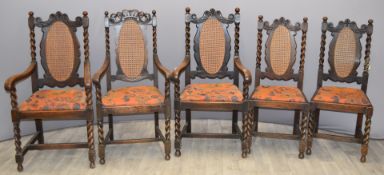 Set of five barley twist dining chairs with bergere backs