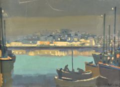 Alex McKenna (Irish) oil on board night time harbour scene, signed lower right and with labels