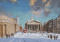 Anthony Fleming (b 1936) watercolour, The Royal Exchange, London street scene, 26.5 x 37cm, with