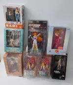 Eight Japanese anime action figures and figurines including Kaiyodo Mon-Sieur Bome Collection,