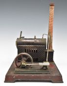 Doll stationary live steam engine with oscillating cylinder, sight glass, central safety valve and