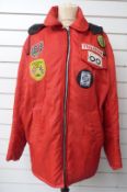 Vintage/ classic Firestone motor car racing jacket having zip off hood, with applied patches for