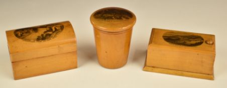 Three Mauchline ware souvenir boxes comprising Alpine Bridge Llandrindod Wells, Llangollen and