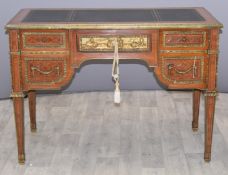French Empire style ormolu leather inset desk fitted five drawers, W110 x D56 x H79cm
