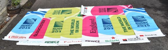 Ten 2015 Rugby World Cup flags or banners, including Gloucester, England and general examples,