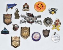 Vintage pin and lapel badges, including Redline Glico Ltd motor oils, Monmouthshire mining,