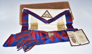 Masonic 9ct gold medal or jewel, weight 8.1g all in and Masonic apron