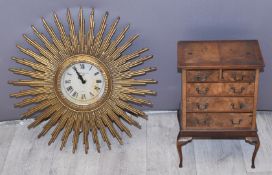 Retro starburst clock and a miniature/apprentice/dolls' house chest on stand, height 29cm