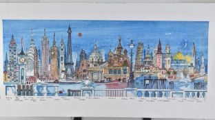 Ray Evans (1920-2008) watercolour city skyline of cities of the world including London, New York,