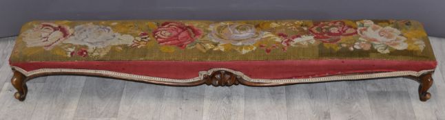 19thC elongated mahogany footstool with tapestry top, W128 x D24 x H12cm