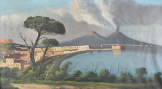 19thC oil on canvas Mount Vesuvius and the Bay of Naples, indistinct signature, 34 x 61cm, in glazed