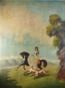 19thC oil on canvas lady out riding with dogs, 100 x 77cm, in part gilt frame