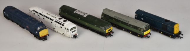 Five Bachmann and Heljan 00 gauge model railway diesel locomotives including Leicestershire and