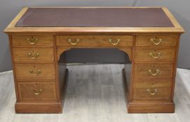 19thC mahogany leather inset twin pedestal desk, fitted nine drawers, W137 x D 68 x H76cm