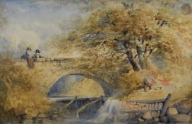 William Hull (1820-1880) watercolour river landscape 'Oakham Rutland 1846', figures on a bridge,