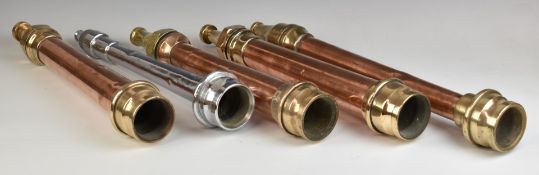 Five vintage brass, copper and chrome plated fire hose nozzles, to include Mather & Platt