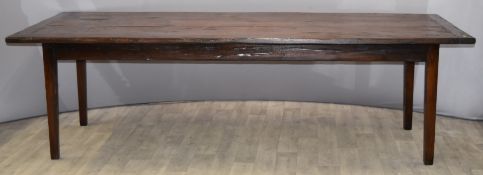 19th/20thC mahogany three plank dining table raised on square tapered legs, W261 x D107 x H79cm