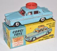 Corgi Toys diecast model Austin A60 De Luxe Saloon Corgi Motor School Car, with pale blue body,