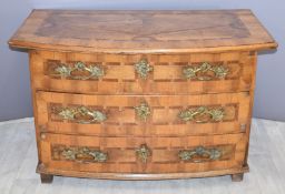 18th or early 20th century continental marquetry bow fronted chest of three drawers, W120 x D 65 x