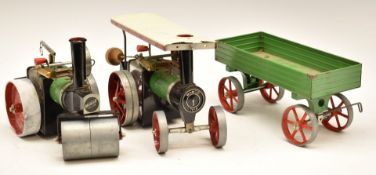 Two Mamod live steam engines Traction Engine TE1A and trailer and steam roller.