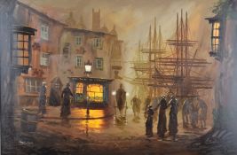Don Hughes / Delon oil on canvas dockside scene with figures, carriages and shops at evening, signed