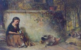 19thC oil on board girl feeding chicks, the mother hen fending off a dog, 17 x 28cm, in period