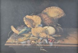 R.P. Elliott 19th or early 20thC watercolour/gouache still life study of shells on a table, signed