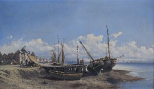 French 19th or early 20thC oil on canvas maritime landscape beached boats with promenade beside, the