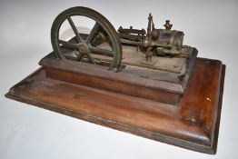 19thC live steam single cylinder mill engine with flyball governor, on wooden base, L48cm