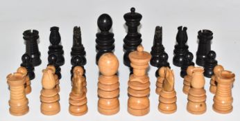 Staunton style 19th/20thC turned wood chess set, height of king 8.5cm.