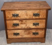 Oak or elm chest of three drawers with Art Nouveau style handles, W91 x D48 x H80cm