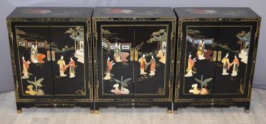 Set of three Shibayama decorated Chinese cabinets, fitted shelves, W59 x D 29 x H76cm