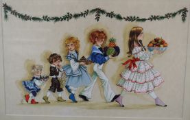 Anne Grahame Johnstone (1938-1998) watercolour 'The Procession', children carrying food,
