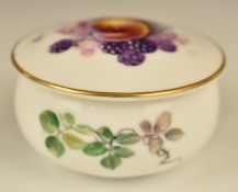Royal Worcester hand painted trinket pot with fruit to lid and puce backstamp, diameter 6.5cm
