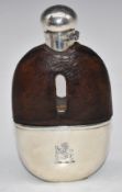 Victorian Mappin & Webb hallmarked silver hip flask, the pull off cup having armorial lion and