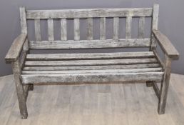 Two teak garden benches, length of longest 154cm