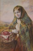 William Lucas (1840-1895) watercolour portrait of a lady holding a basket, signed and dated 1865