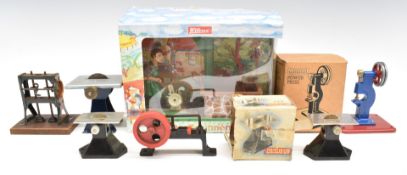 Quantity of toy live steam engine driven models including a Mamod power press, Murtum saw, water