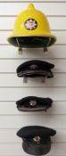 Four Fire Service helmets and hats comprising yellow Cromwell Helmets Ltd London Fire Brigade