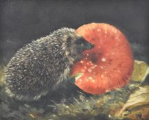 John Edwards (b 1940) oil on board hedgehog with a toadstool mushroom, signed lower left, 23 x 28cm,