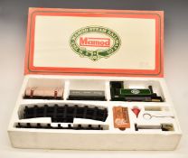 Mamod live steam model railway set with 0-4-0 locomotive, open wagon and lumber truck, RS1, in