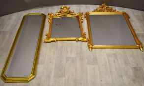 Three various gilt framed mirrors, two having bevelled glass, height largest 139cm
