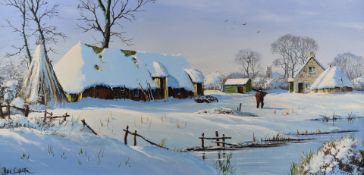 Peter Cosslett (born 1927) oil on canvas 'The Old Barn' in the snow with church beyond, signed lower