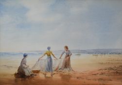 Edward Emerson watercolour three girls on a beach at low tide, two of them working a fishing net,
