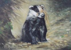 John Edwards (b 1940) oil on board badger and straw, signed lower left 24 x 34cm, in stained wood