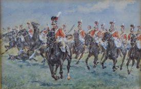19thC watercolour '2nd Lifeguards' mounted soldiers charging, titled and dated 1815 lower left, 11 x